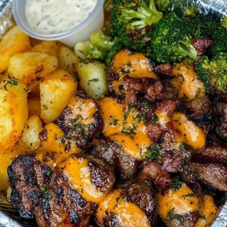 Steak with Loaded Potatoes and Cheesy Broccoli