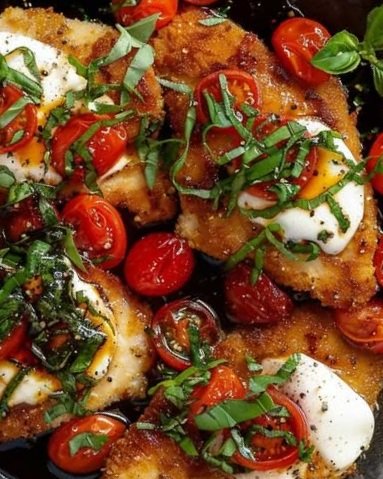 Crispy Chicken Caprese with Burrata & Blistered Tomatoes