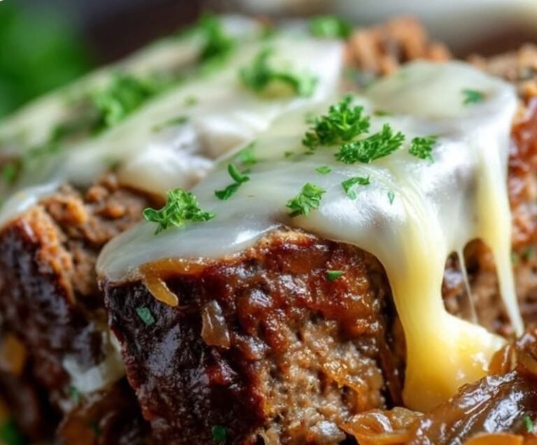 Crockpot French Onion Meatloaf with Melted Swiss Cheese