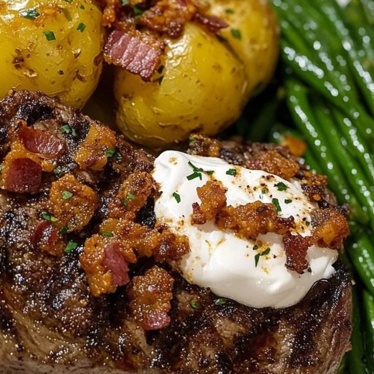 Grilled Ribeye Steak with Fluffy Baked Potatoes & Sautéed Green Beans
