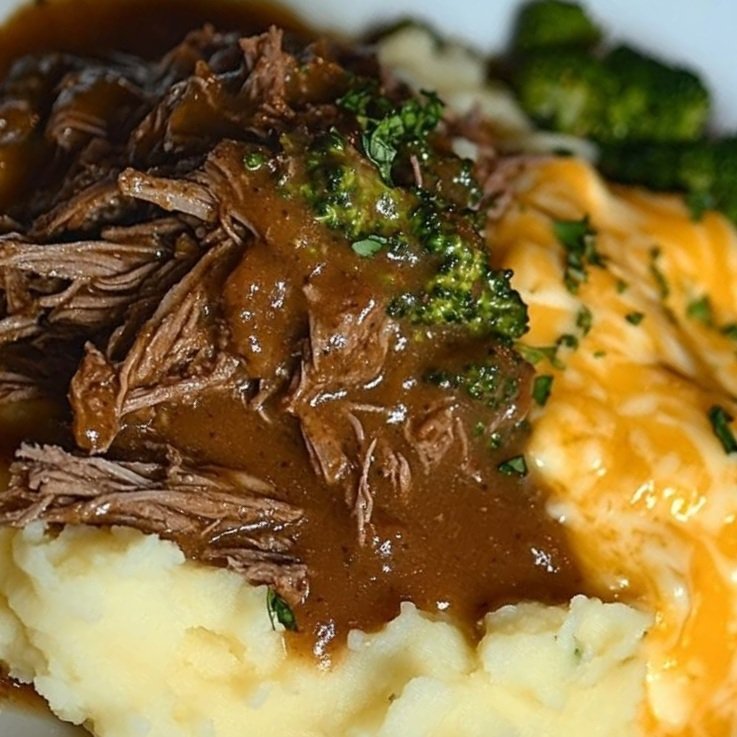 Slow-Cooked Shredded Beef with Creamy Mashed Potatoes & Cheesy Broccoli Casserole