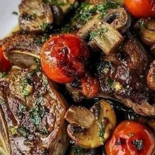 Marinated Greek Lamb Chops with Mushrooms and Tomatoes 🇬🇷🍖🍅