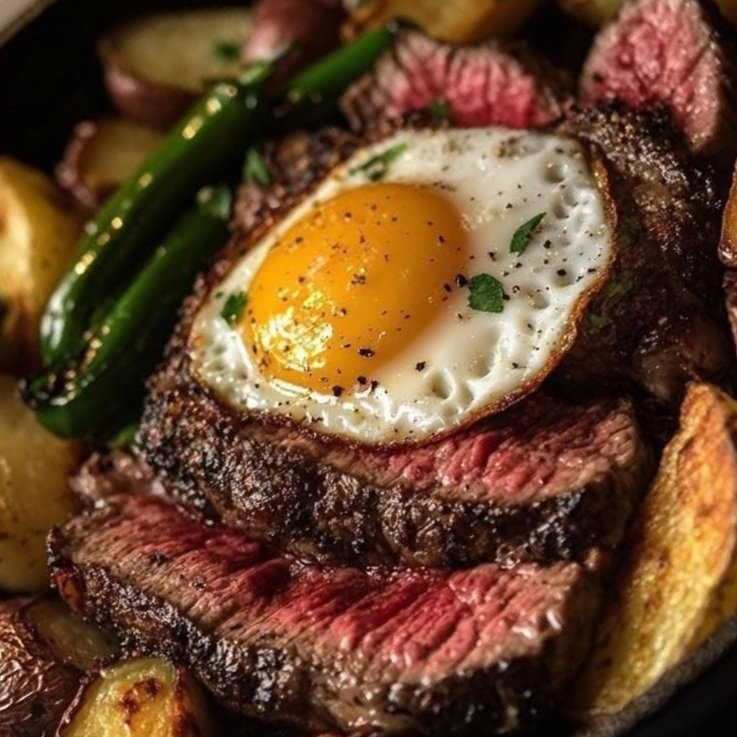 Steak and Eggs Skillet with Roasted Vegetables (One-Pan Breakfast Feast!)