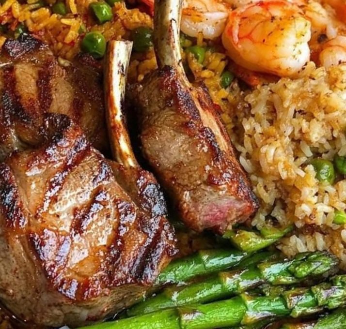 Grilled Lamb Chops and Shrimp Dinner with Fried Rice and Asparagus: A Gourmet Meal Prep Masterpiece