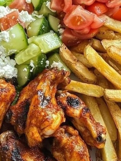 Grilled Chicken Drumsticks with Fries & Greek Salad 🍗🍟🥗: A Perfectly Balanced Meal