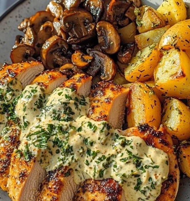 🇬🇷🌿🐔 Greek Garlic Chicken with Roasted Potatoes & Creamy Mushroom Pesto: A Mediterranean Masterpiece
