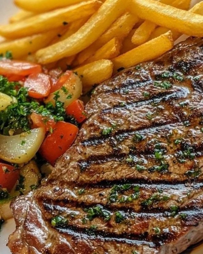 Grilled Steak with Tomato and Onion Salad and French Fries: A Classic Comfort Meal