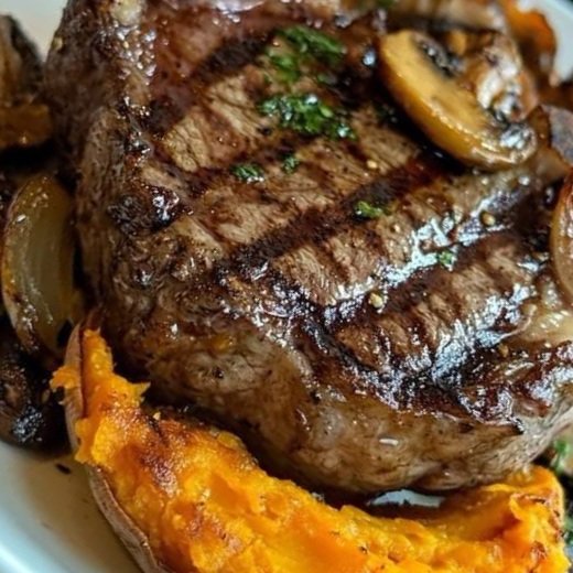 Ribeye Steak with Baked Sweet Potato and Roasted Mushrooms & Onions: A Hearty, Flavorful Dinner 🍖🍠🍄