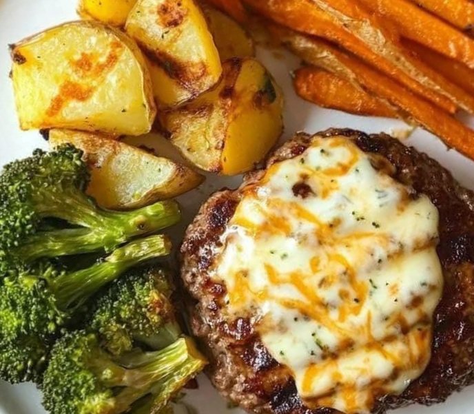 Cheesy Bunless Burger Plate with Roasted Veggies: Low-Carb Comfort Done Right 🧀🥦