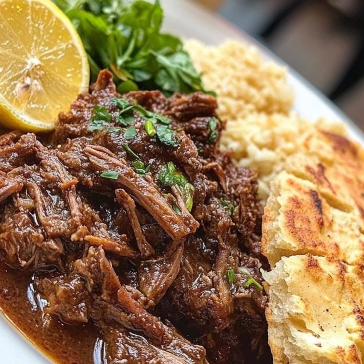 Slow-Cooked Shredded Beef with Seasoned Rice and Rustic Flatbread: Your New Favorite Comfort Meal 🥩🍚🥖