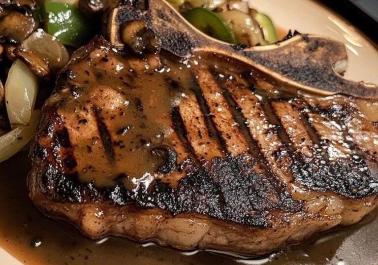 Grilled T-Bone Steak with Sautéed Mushrooms, Onions, and Peppers: A Hearty Classic 🍖🔥