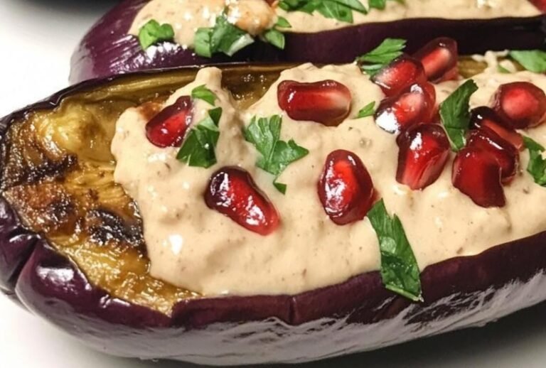 🍆 Roasted Eggplant with Creamy Tahini and Pomegranate Jewels 🍽️✨
