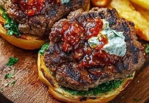 Ultimate Spicy Cumin Lamb Burger with Creamy Tzatziki and Tangy Chilli Tomato Jam