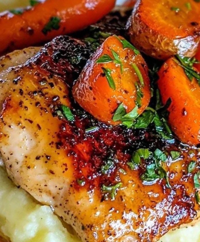 Garlic Herb Chicken with Creamy Mashed Potatoes and Sweet Glazed Carrots: A Cozy Family Dinner 🍗🥕🥔