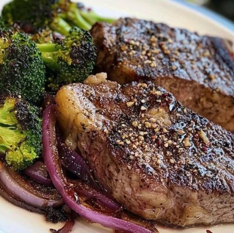 Grilled Steak with Sautéed Onions and Cheesy Broccoli: A Hearty, Flavor-Packed Dinner