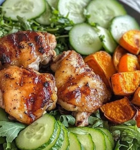Grilled Honey-Glazed Chicken with Roasted Sweet Potatoes and Fresh Garden Salad 🍗🥔🥗