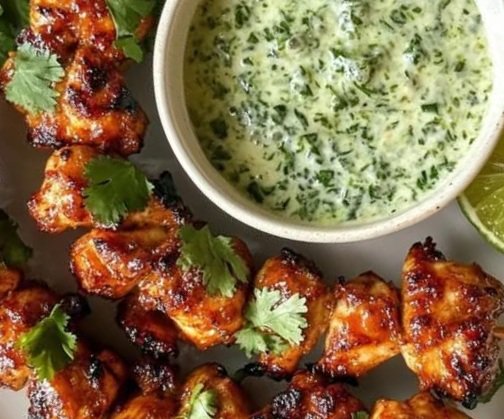Spicy Honey Jalapeño Chicken Skewers with Zesty Cilantro Lime Dip