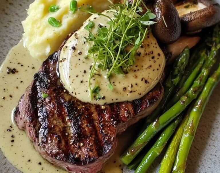 A Decadent New York Strip Steak Feast: Perfectly Seared Steak with Béarnaise, Creamy Chive Mash, Grilled Veggies, and Peppercorn Sauce