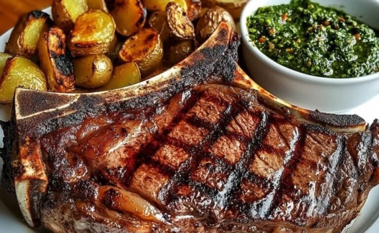 Massive Grilled Tomahawk Steak with Charred Potatoes, Sautéed Cremini Mushrooms, and Zesty Chimichurri