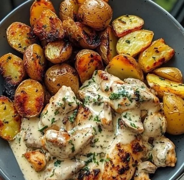 Creamy Garlic Mushroom Chicken Alfredo with Pesto-Roasted Potatoes