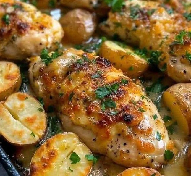 Garlic Parmesan Crusted Chicken with Golden Roasted Potatoes