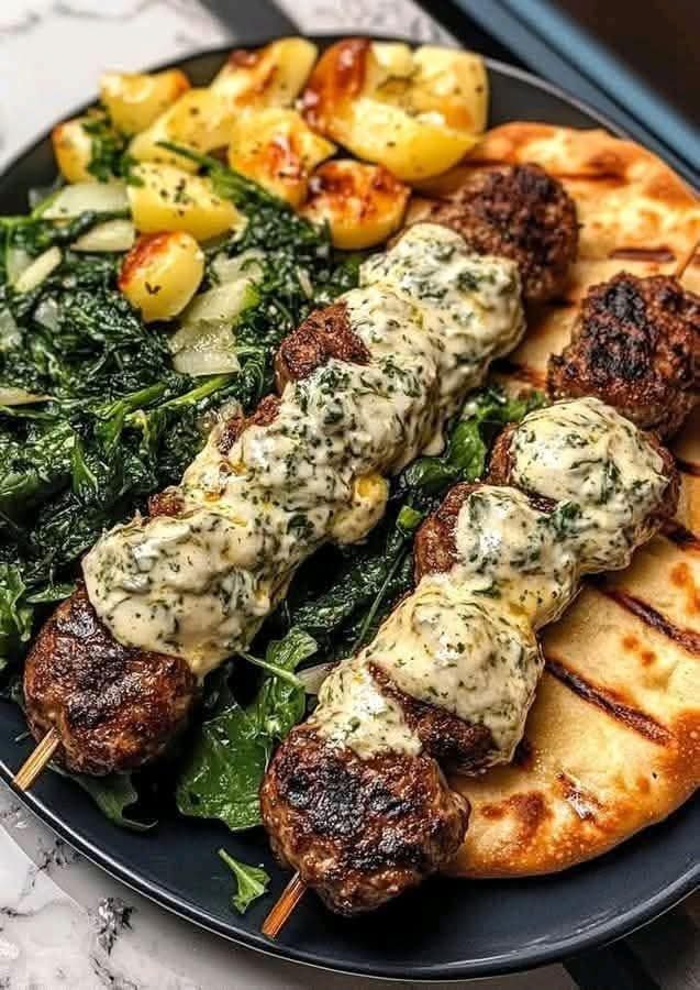 Middle Eastern Kofta Kebabs with Fresh Salad, Warm Flatbread, and Spinach-Artichoke Alfredo Dip