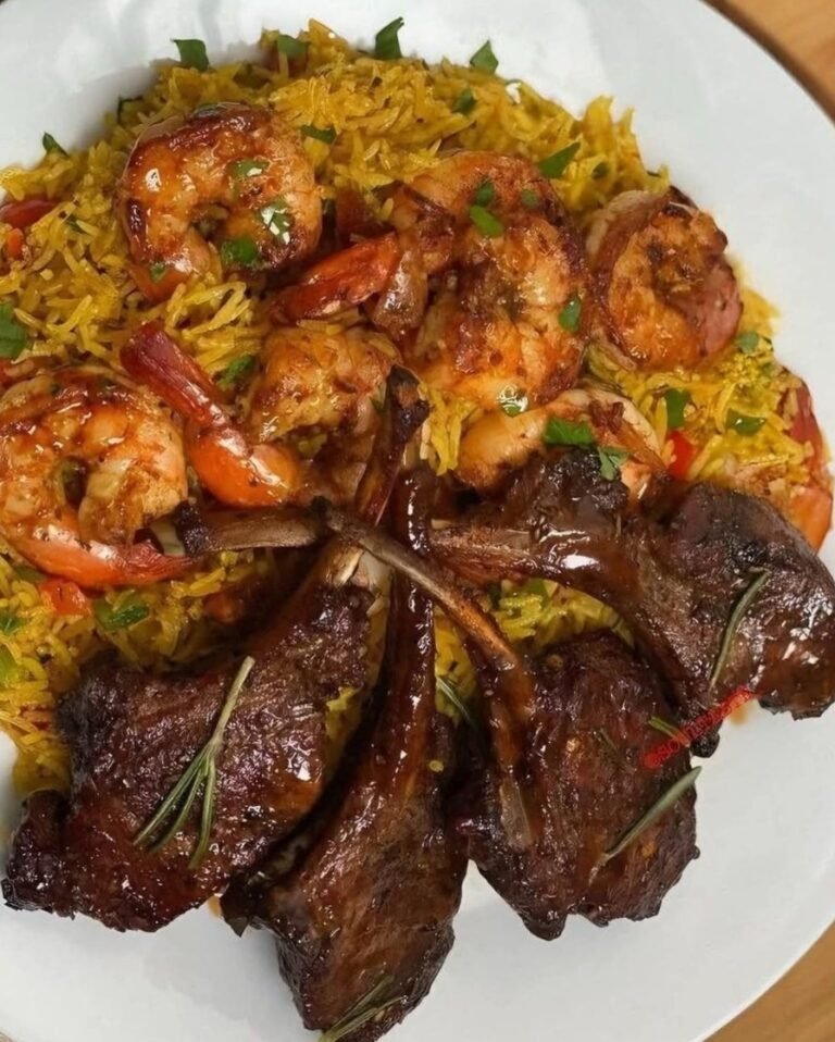 🥩🍤🍚 Grilled Lamb Chops, Garlic Butter Shrimp & Spiced Yellow Rice 🌟