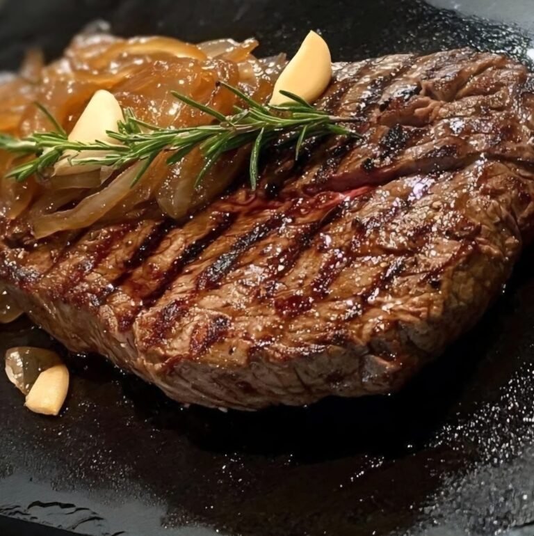 Grilled Ribeye Steak with Caramelized Onions and Roasted Garlic