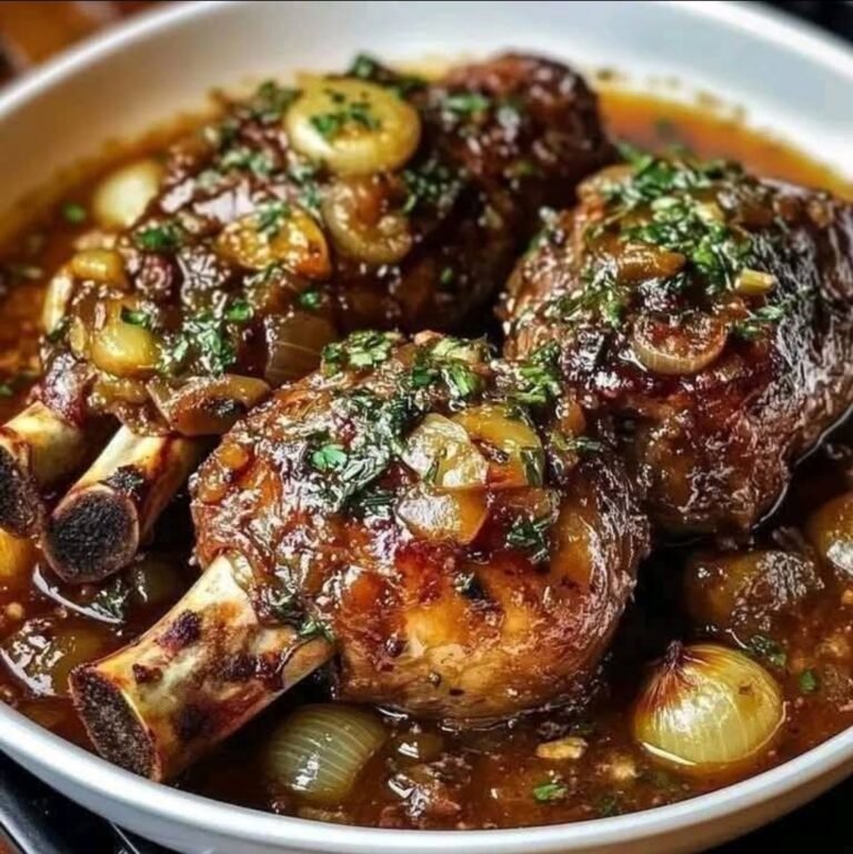 Lamb Shanks in Red Wine Reduction with Sweet Onions & Roasted Garlic