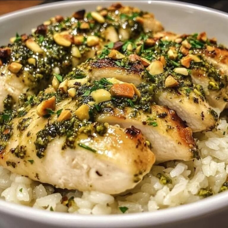 Pan-Seared Chicken in Creamy Pistachio Pesto Sauce on a Bed of Garlic Rice