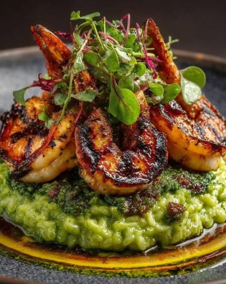 Grilled Jumbo Shrimp with Creamy Pesto Risotto