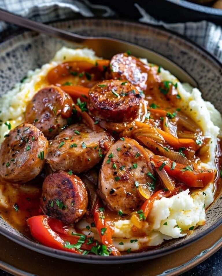 Rustic Italian Sausage with Peppers and Onions over Garlic Mashed Potatoes