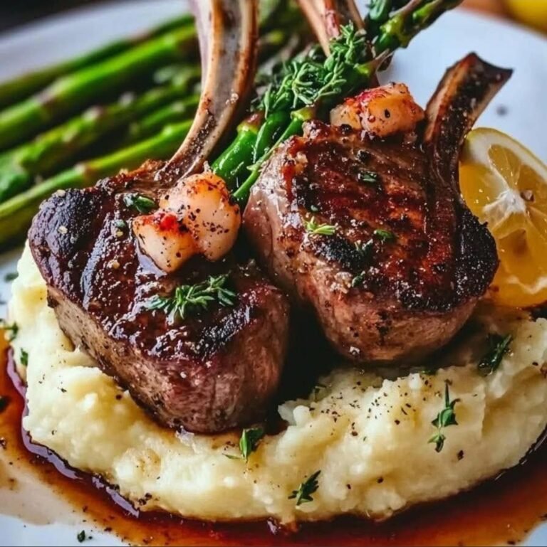 Succulent Lamb Chops Over Creamy Lobster Mashed Potatoes with Roasted Asparagus