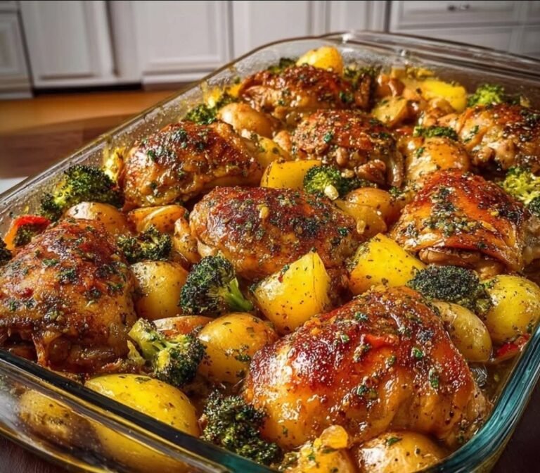 Baked Chicken Thighs with Potatoes, Broccoli & Herb Pan Sauce