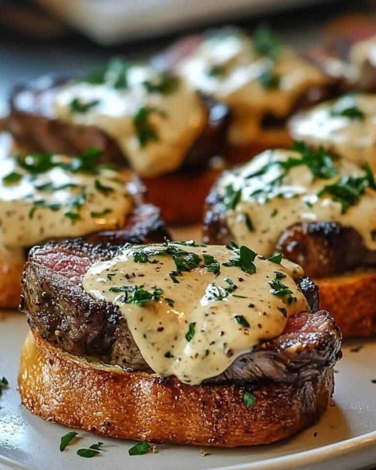 Beef Tenderloin Crostini with Parmesan Cream Sauce