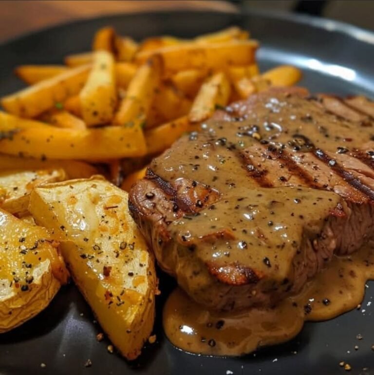 Steak with Creamy Peppercorn Sauce and Crispy Chips