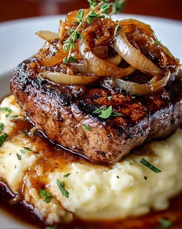 Tender Steak Topped with Sweet Caramelized Onions and Fresh Herb Mashed Potatoes