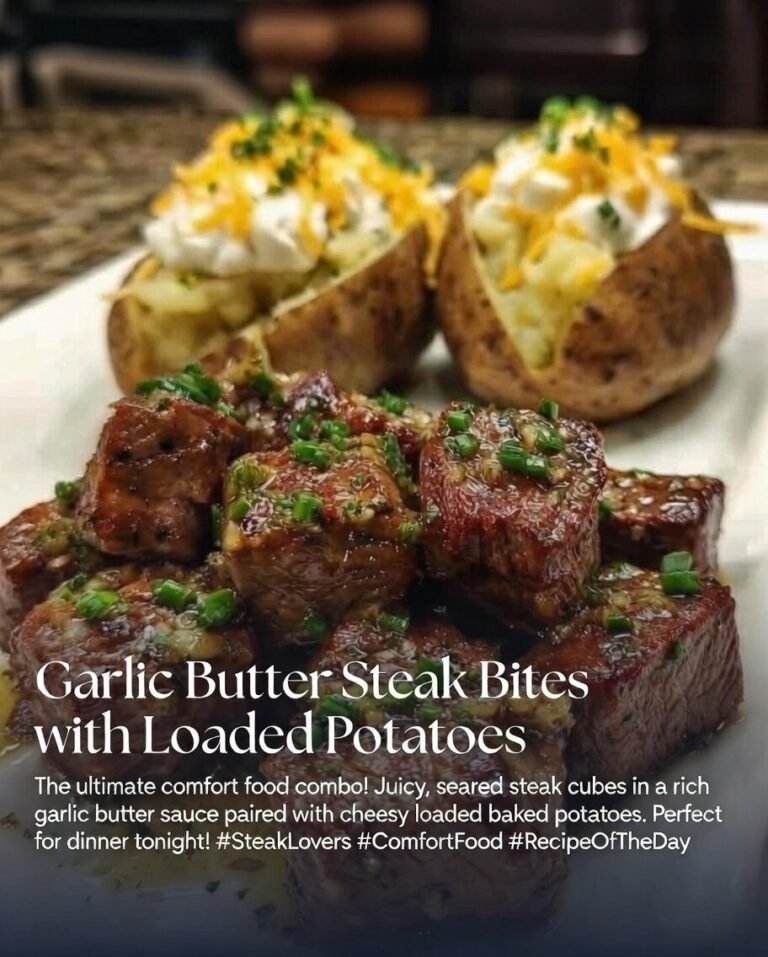 🥩 Garlic-Butter Steak Bites with Loaded Baked Potatoes – Buttery, Juicy Comfort Heaven 🧄🥔