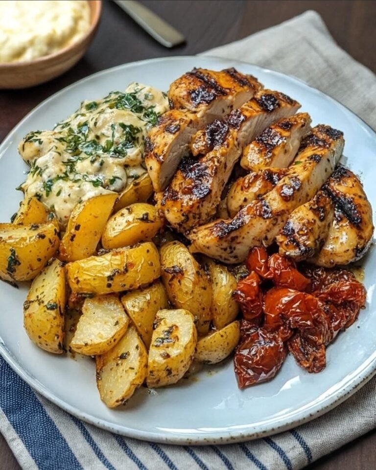 Tuscan-Style Garlic Herb Chicken with Roasted Potatoes and Creamy Sun-Dried Tomato Mushroom Pesto