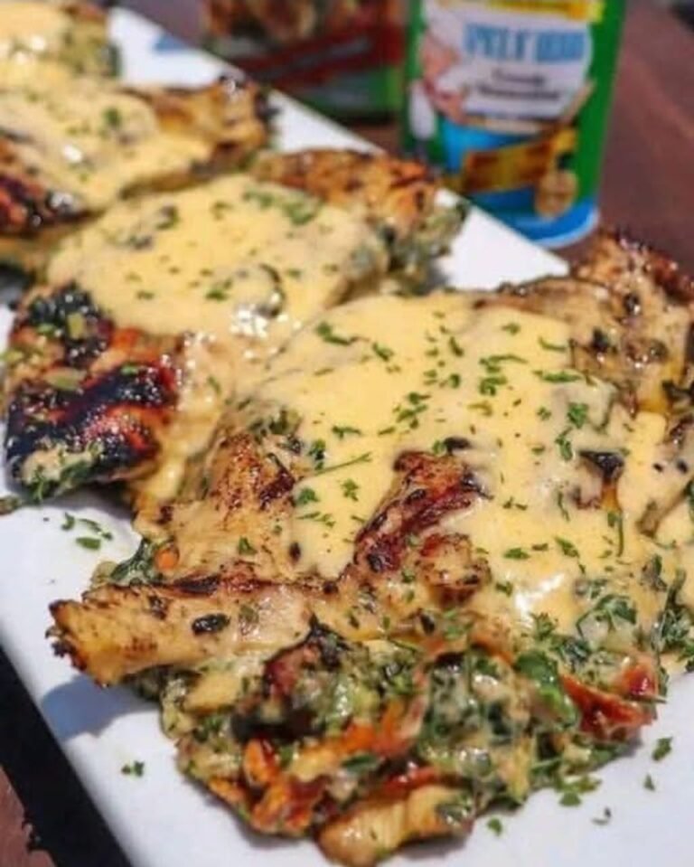🔥 Grilled Stuffed Chicken Breasts with Spinach, Sun-Dried Tomatoes & Creamy Parmesan Sauce ✨