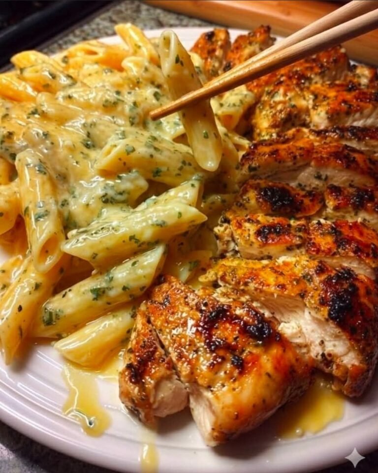 🌿🍗 Italian Herb Chicken Penne Alfredo – Creamy, Garlicky, Herb-Infused Comfort ✨